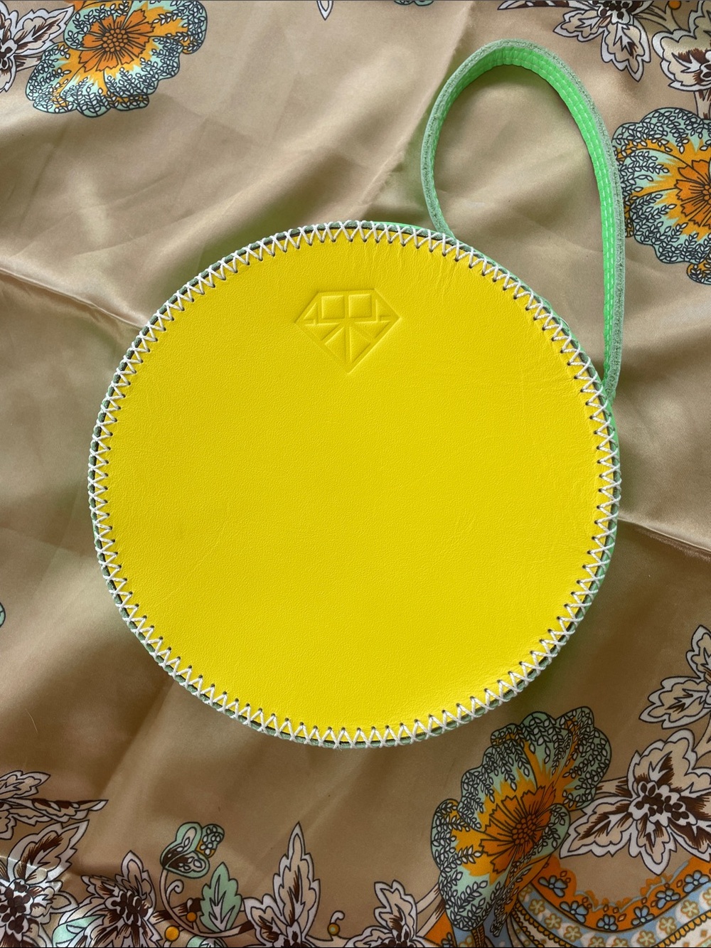 Artisan Crafted Yellow & Green Leather Wristlet Pouch with Whipstitching Detail